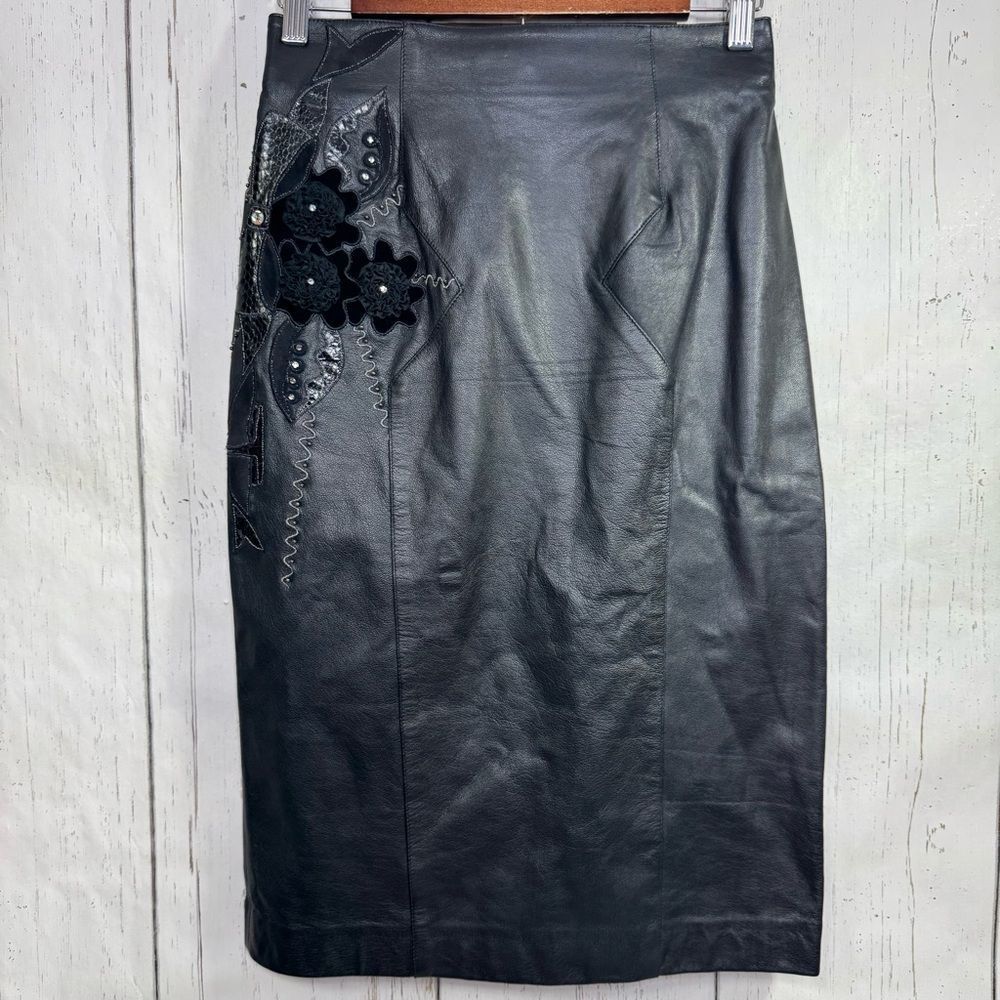 Vintage Joseph Ho Genuine Leather Floral Applique Pencil Skirt Black Size 8
